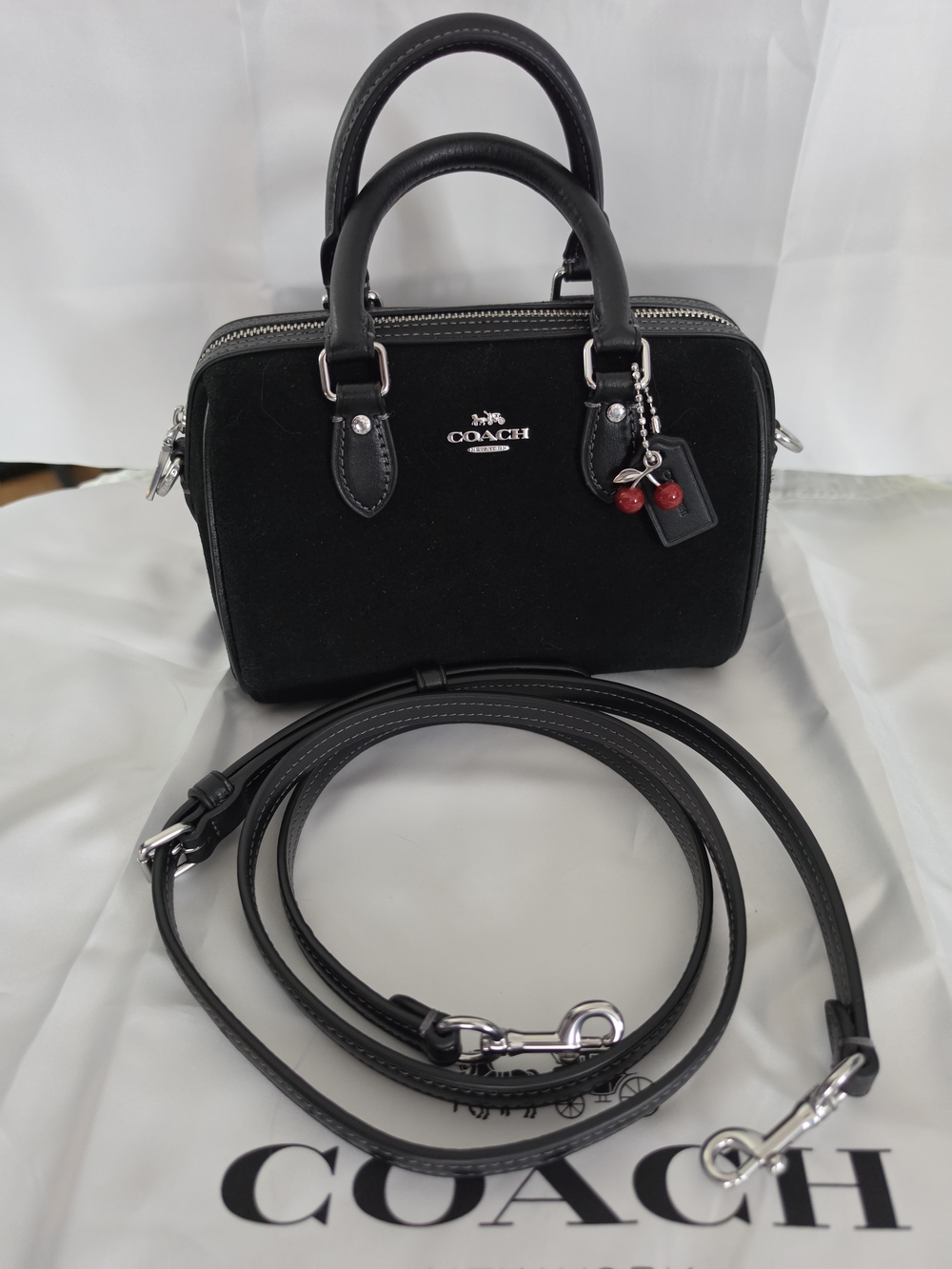 Coach Black Mini Rowan Satchel with Cherry Charm